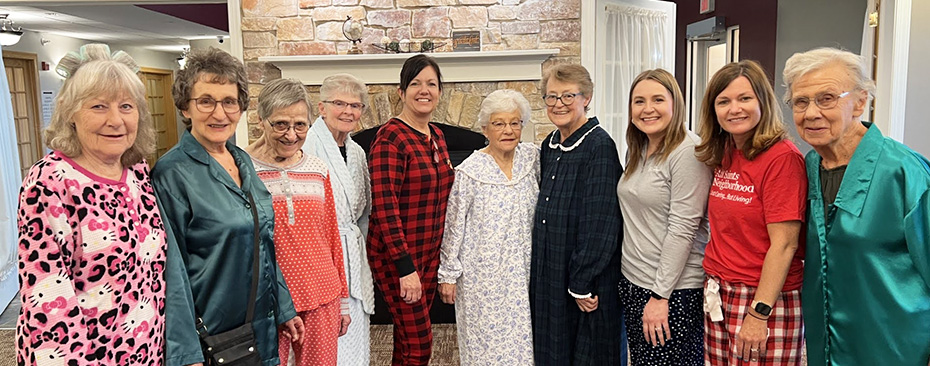 Seniors dressed in pajamas for the annual pancake breakfast