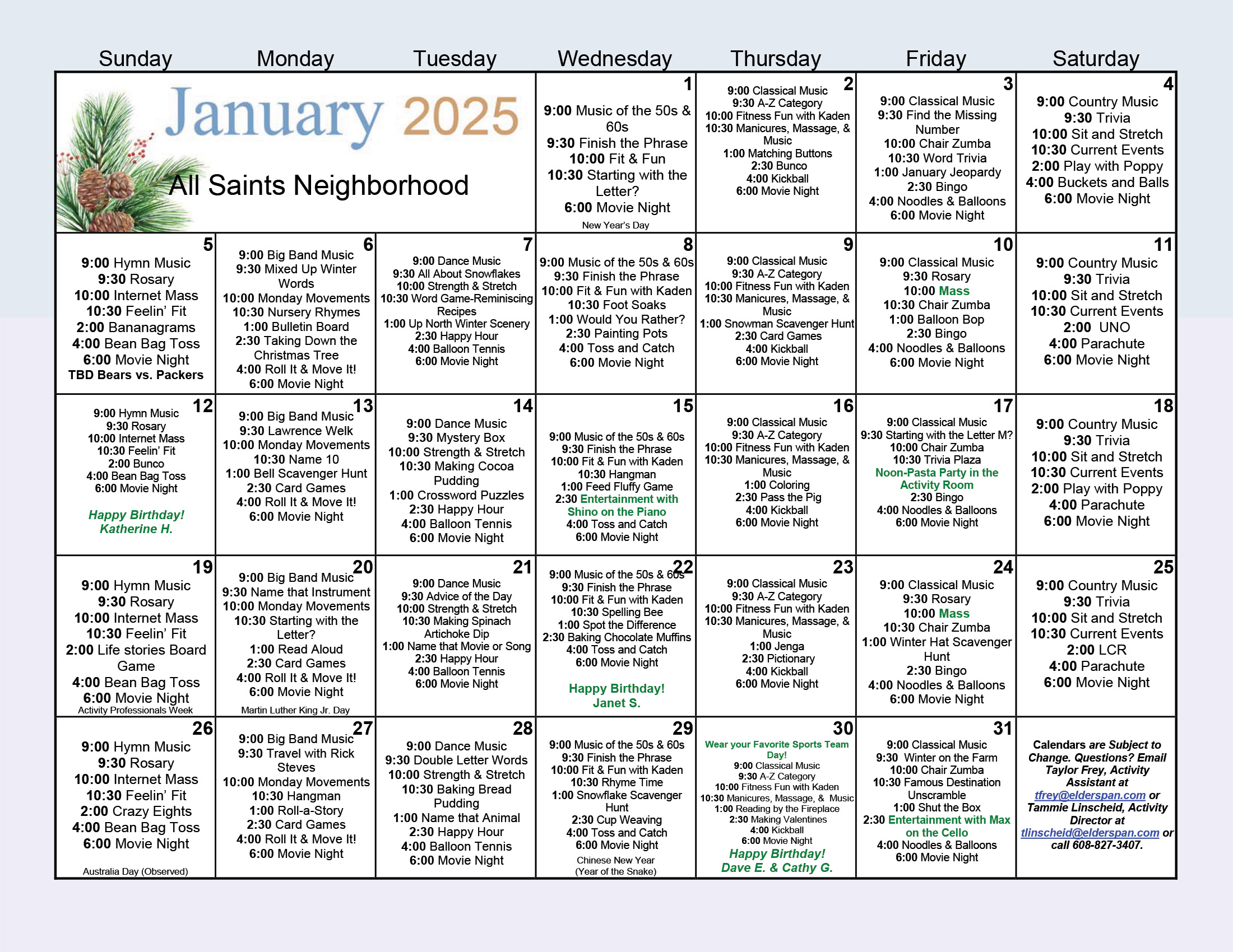 All Saints Memory Care January calendar